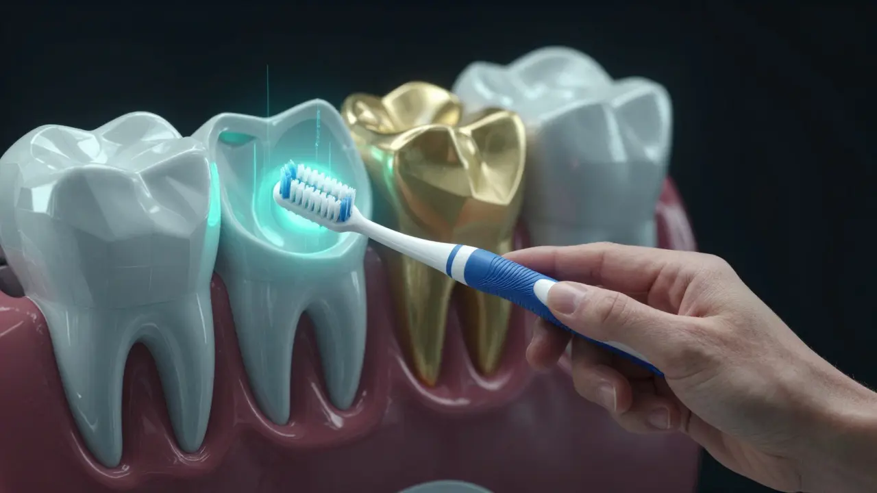 Ruka drží kartáček Curaprox, kolem něj se vznášejí abstraktní tvary zubů a dásní.