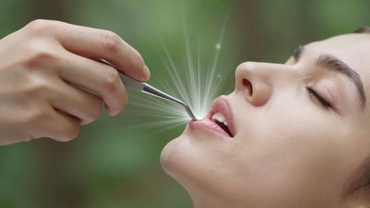 Ruka drží zubní nástroj nad zavřenou ústní dutinou, symbolizující profesionální čištění.