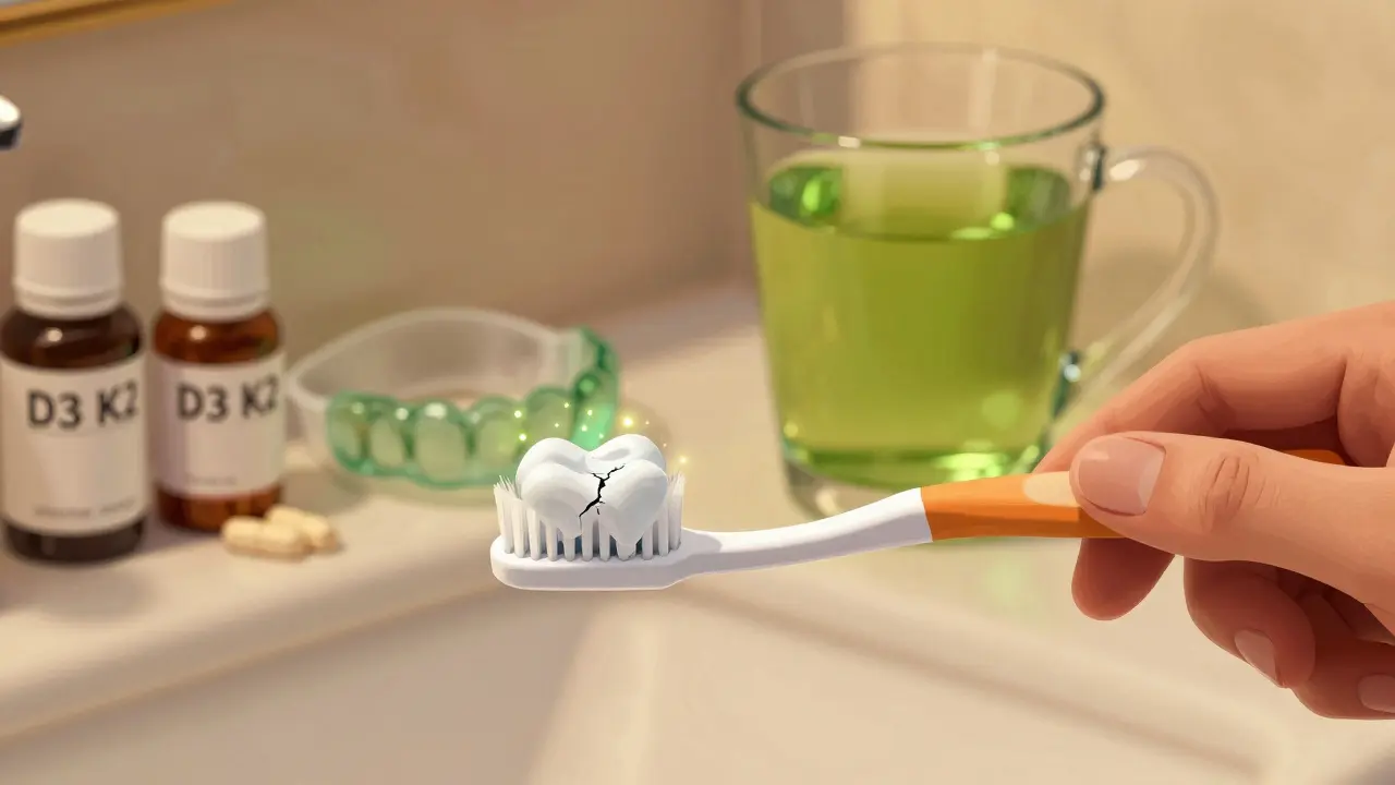 Ruka s pastou na bázi hydroxyapatitu, která opravuje trhlinu v zubu