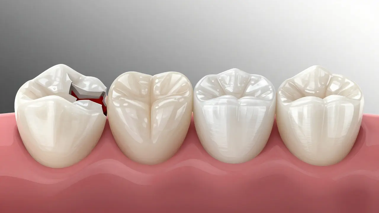 Side-by-side comparison of a failed composite filling and a flawless ceramic crown.