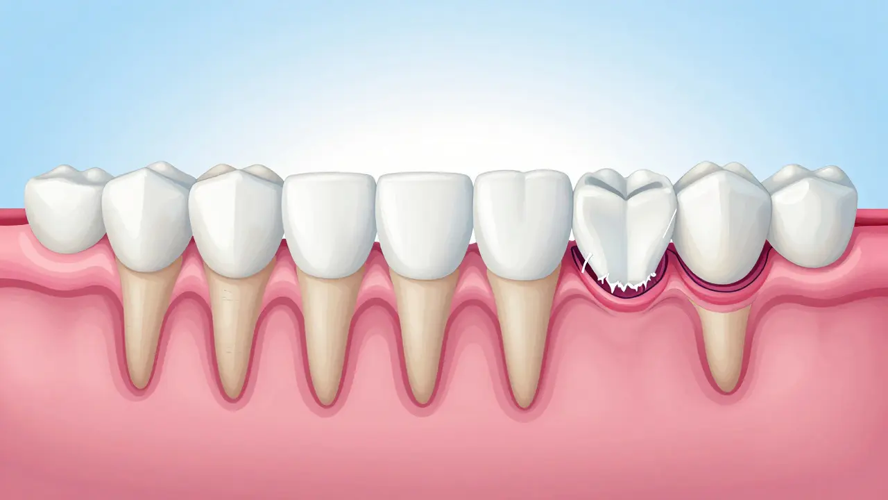 Srovnání zdravých a nemocných dásní jako kotvících struktur pro zuby.