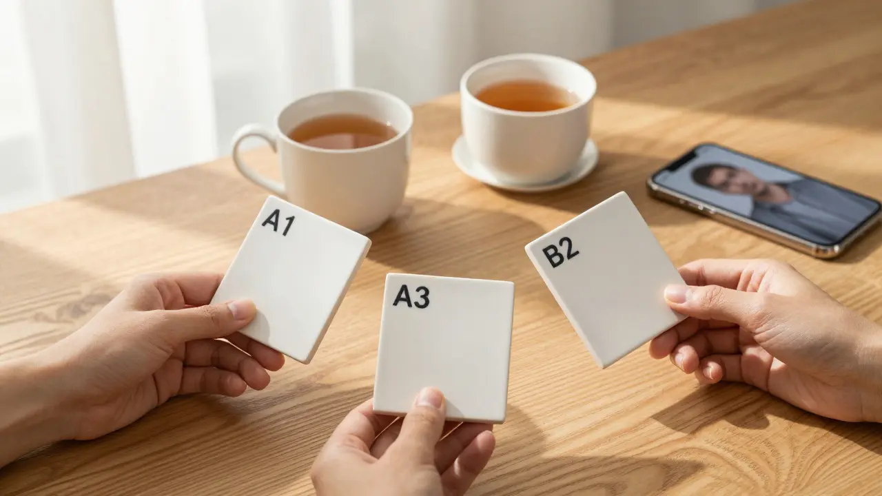 Three ceramic veneer samples on table with coffee and smartphone, showing contrast between natural and artificial tooth shades.