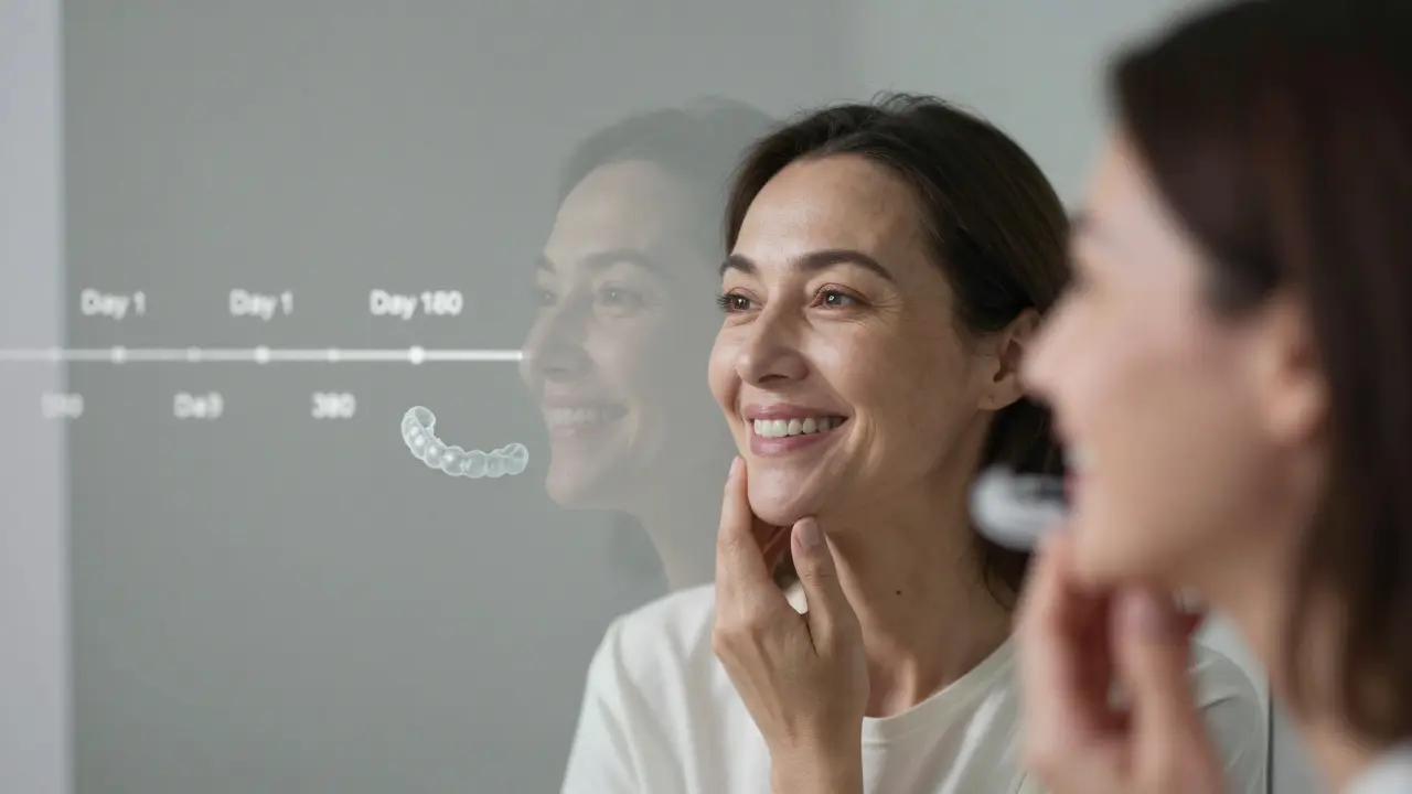 Žena se dívá do zrcadla, kde se její skutečný úsměv překrývá digitální verzí dřívějšího zakřivení zubů.