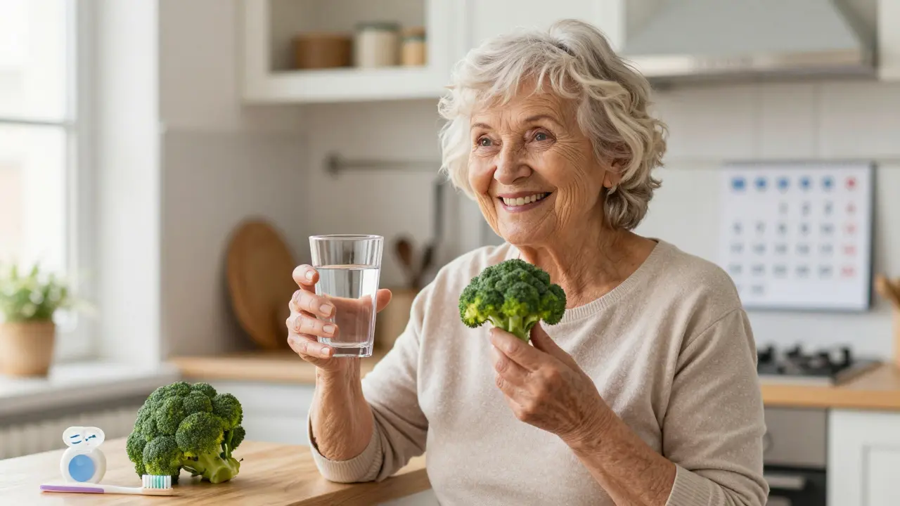 Žena v kuchyni drží brokolici a zubní štětěček, symbolizující prevenci.