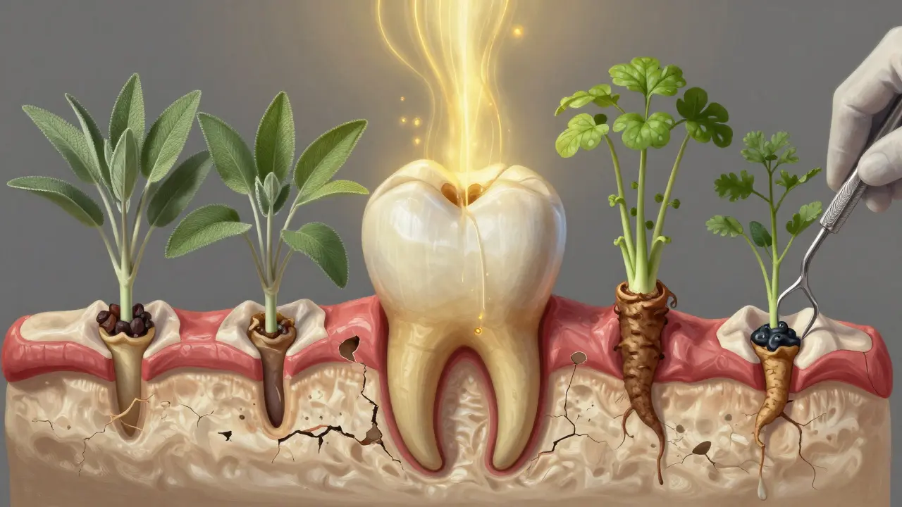 Zubní kořen s rozpadající se kostí, kterou obklopují léčivé proudy z pěti bylin, zatímco zubní lékař odstraňuje kámen.