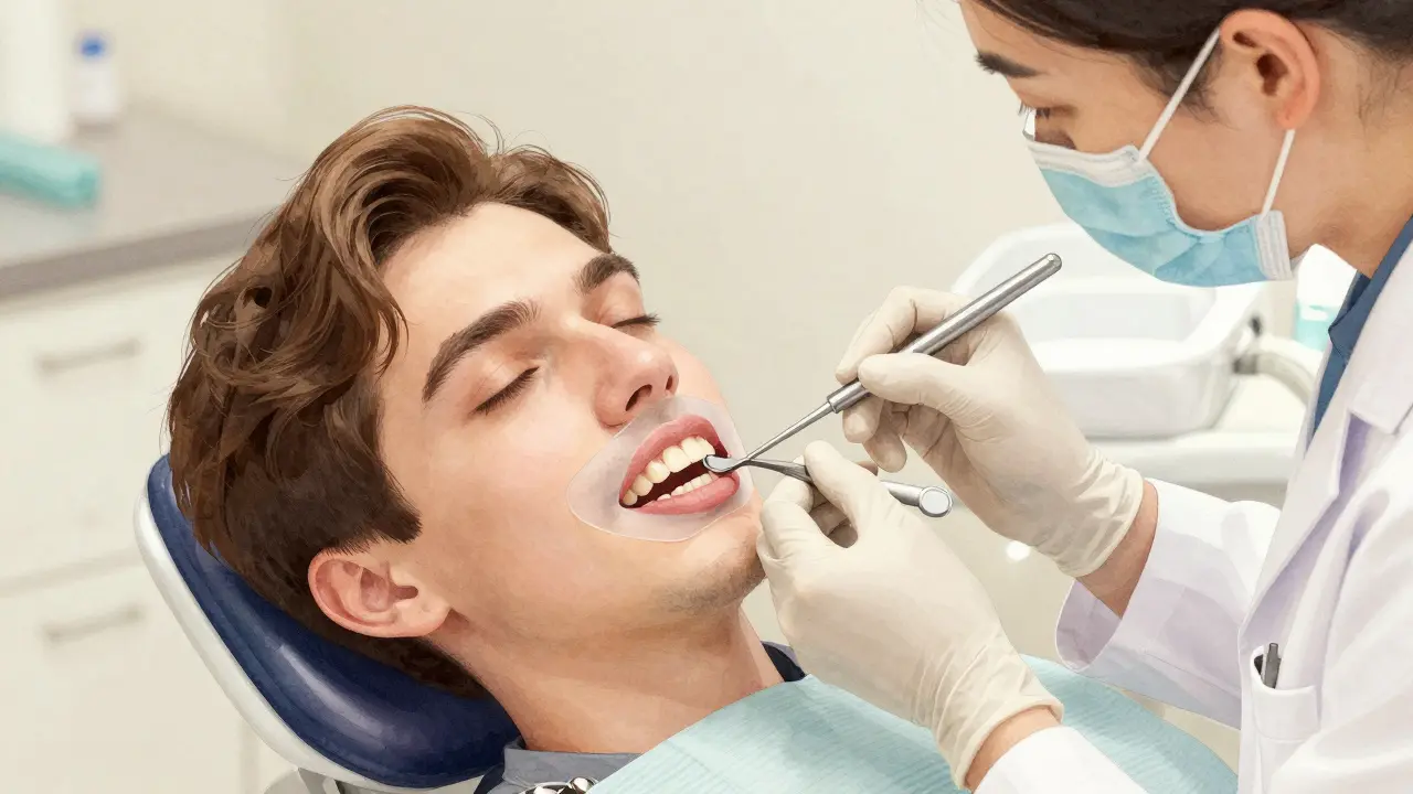 Zubní lékař připravuje zub na veneer s jemným odstraněním emaile, pacient klidně sedí.