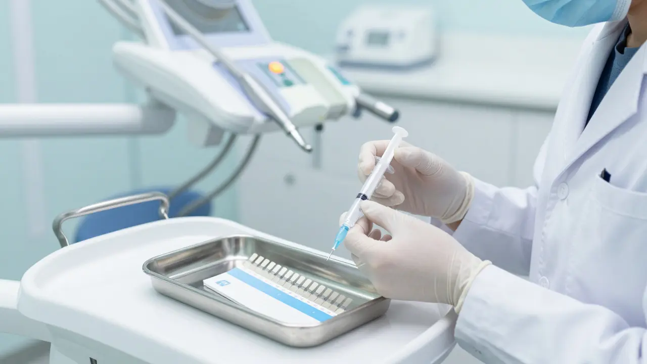 Zubní ordinace s bělicími přípravky na stole