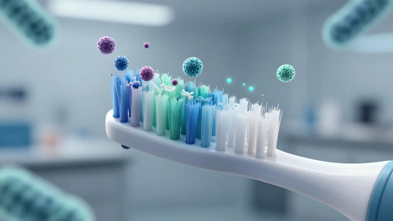 Zvětšený pohled na štětiny zubního kartáčku s bakteriemi a čistými štětinami po dezinfekci, mikroskopický pohled.