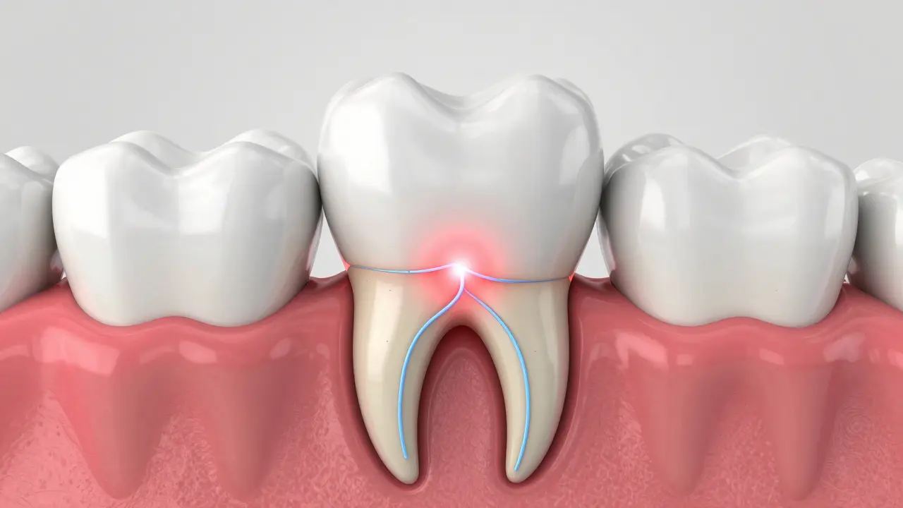 3D ilustrace zubového kořene s odhalenými kanálky vedoucími k nervu při recesi dásní.