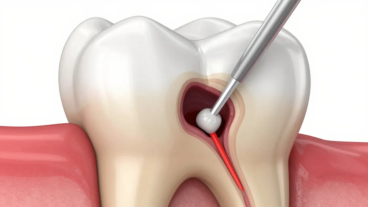 3D lékařská ilustrace procesu endodontického léčení a čištění kanálků zubu.
