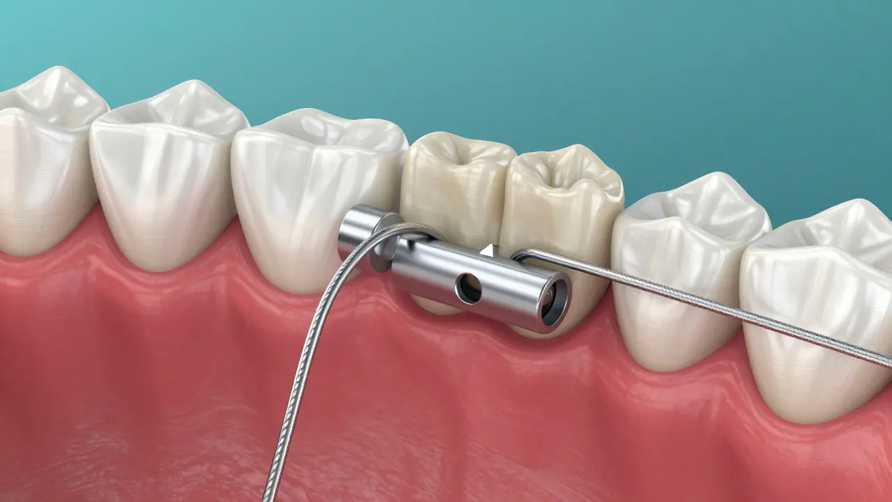 3D model keramického závorku a ortodontického drátu na zubu.