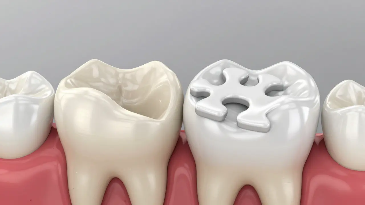 3D model znázornující přesné zapasování keramického onlaye na povrch zubu.