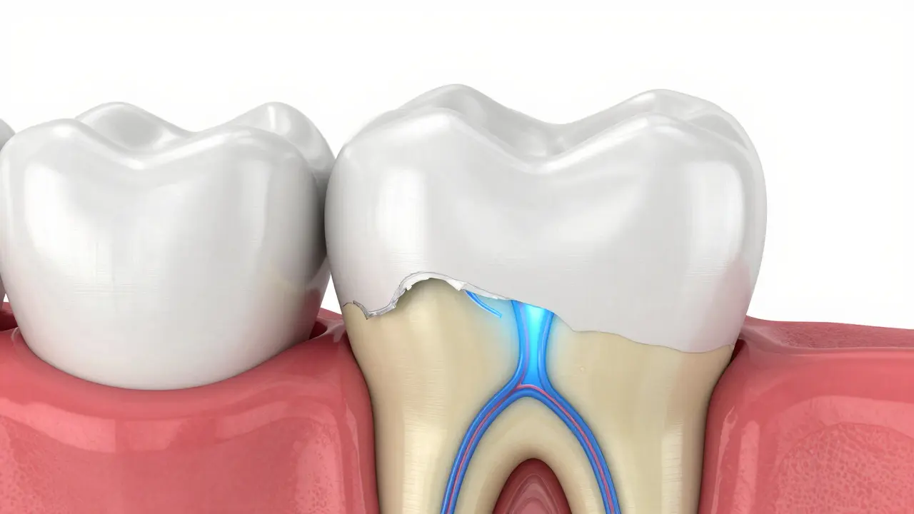 3D model zubu s odhaleným dentinem a citlivými nervovými kanálky.