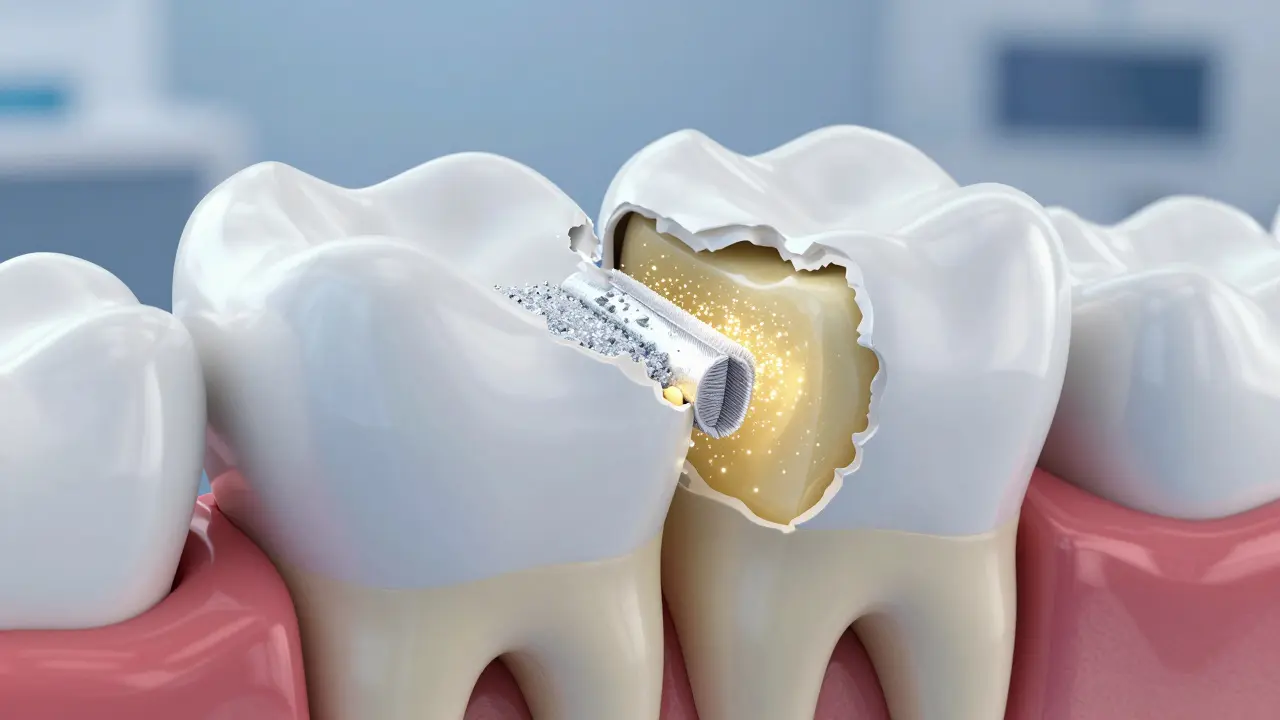 3D model zubu znázorňující opotřebení bílé skloviny a žlutý dentin.