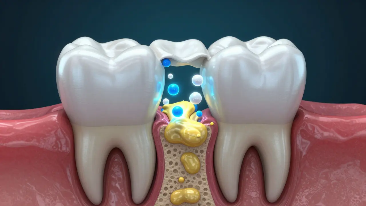 3D vizualizace peroxidů pronikajících do zubní skloviny a odstranívajícych pigmenty.