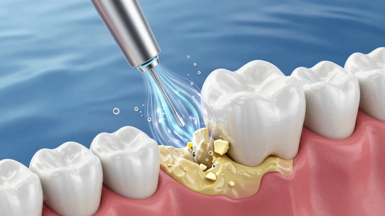 3D vizualizace procesu kavitace a odstranění zubního kamene pomocí ultrazvuku.