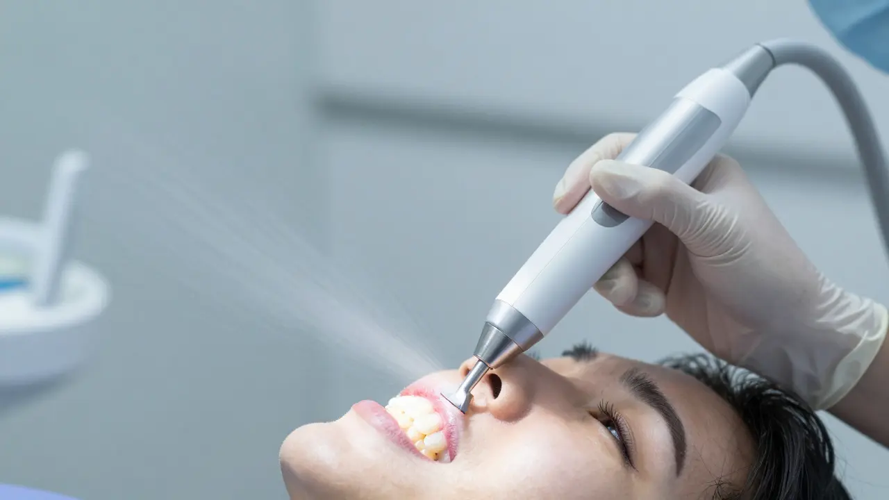 Dentální hygienistka provádí profesionální ultrazvukové čištění zubů.