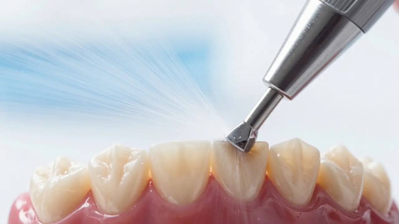 Detail pískování zubů, kde proud vody a prášku odstraňuje pigmentaci ze zubů.