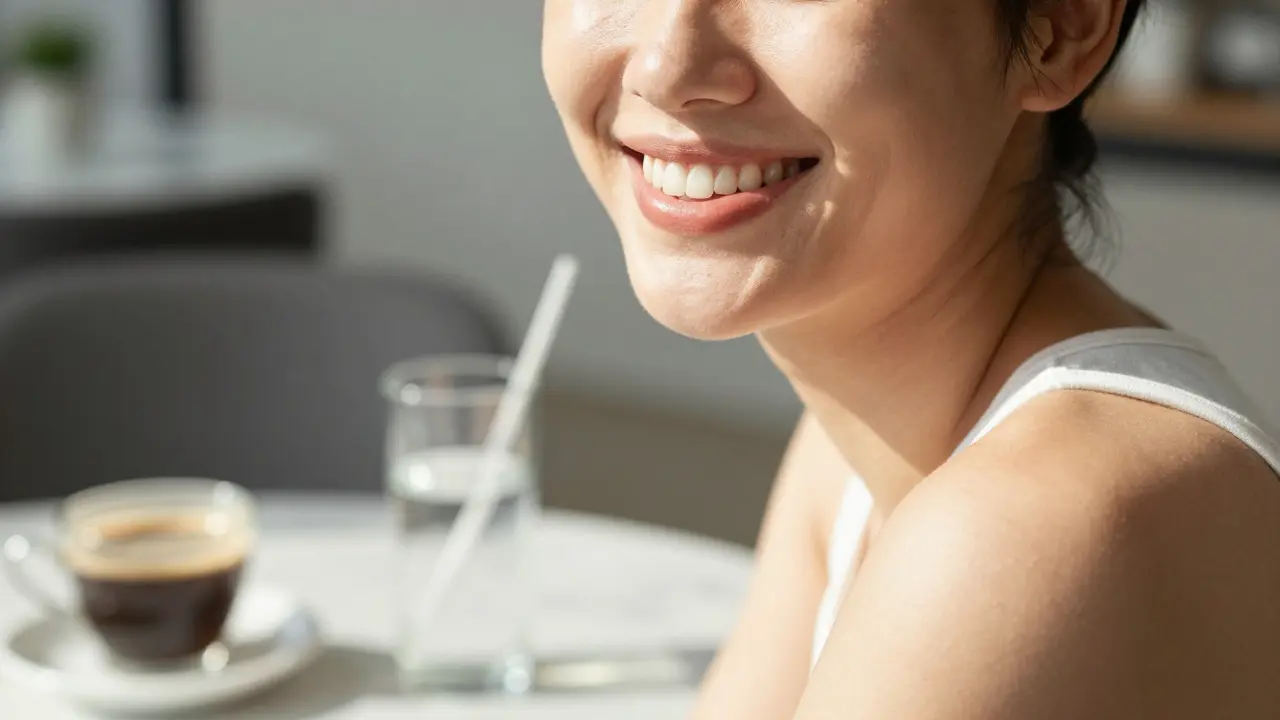 Detail přirozeného a zářivě bílého úsměvu v přirozeném denním světle.