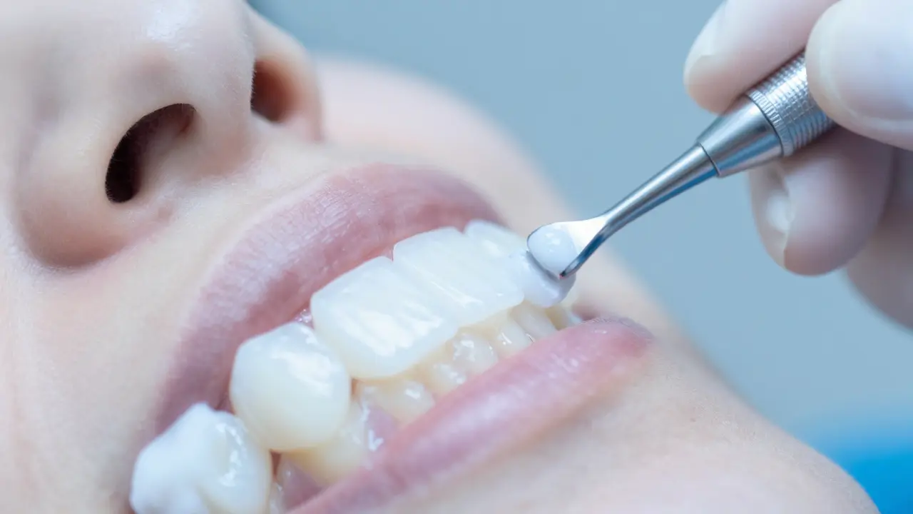 Detail profesionálního leštění zubu během hygienizace v ordinaci.