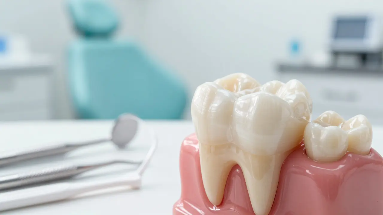 Detail zdravého zubu s keramickou korunou a pomůvkami pro mezizubní hygienu.