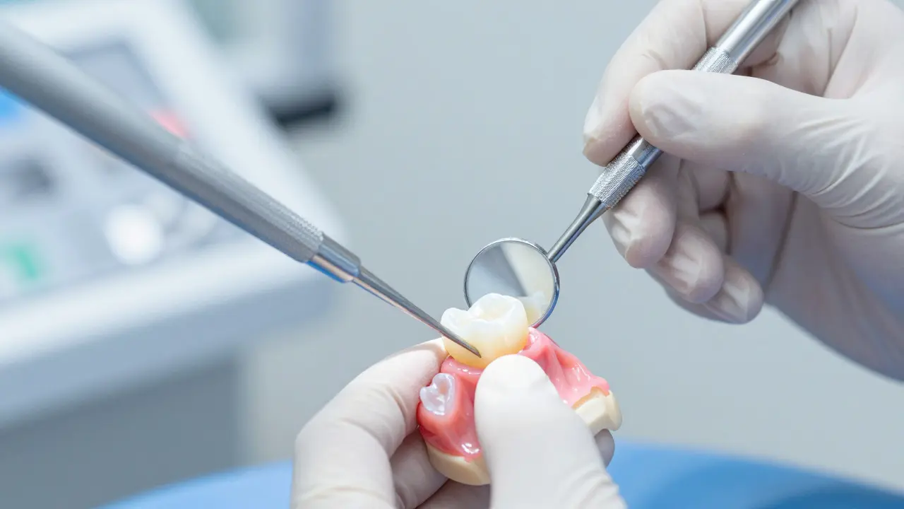 Detailní fotografie aplikace zubní korunky během stomatologické léčby.