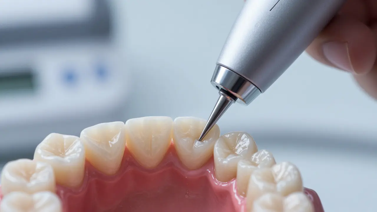 Detailní záběr na digitální intraorální skener vytvářející 3D model zubů.