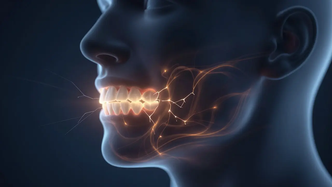 Konceptuální ilustrace tlaku a napětí v čelistech způsobeného stresem.