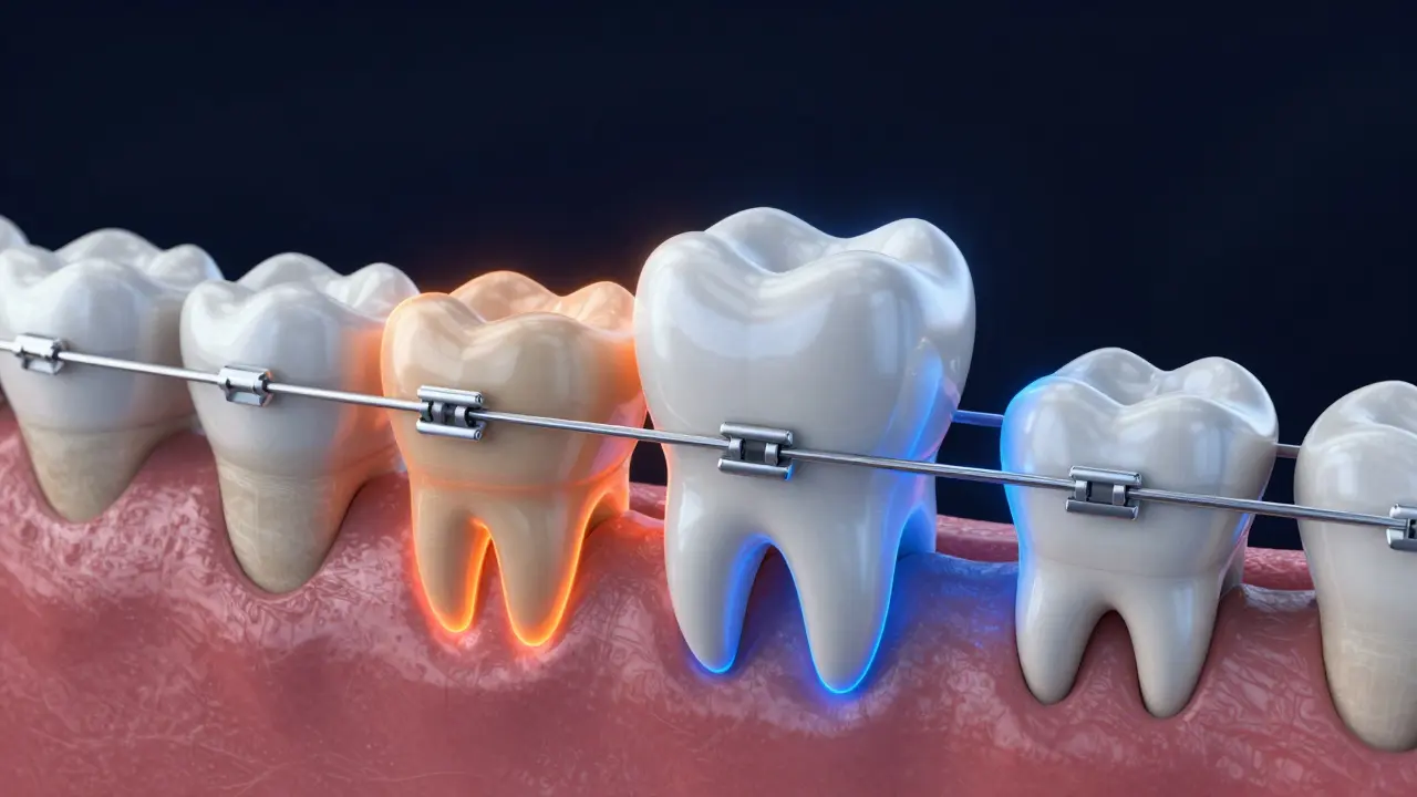 Konceptuální schéma pohybu zuba v čelistní kostě během ortodoncie.