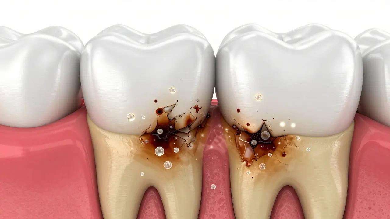 Konceptuální schéma průniku kyslíkových molekul do dentinu pro odstranění skvrn.