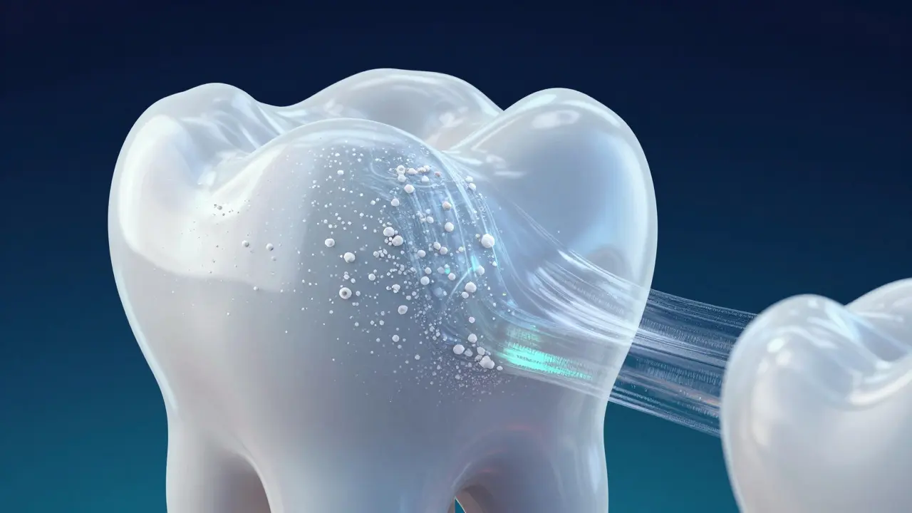 Konceptuální znázornění remineralizace zubní skloviny pomocí fluoridů.