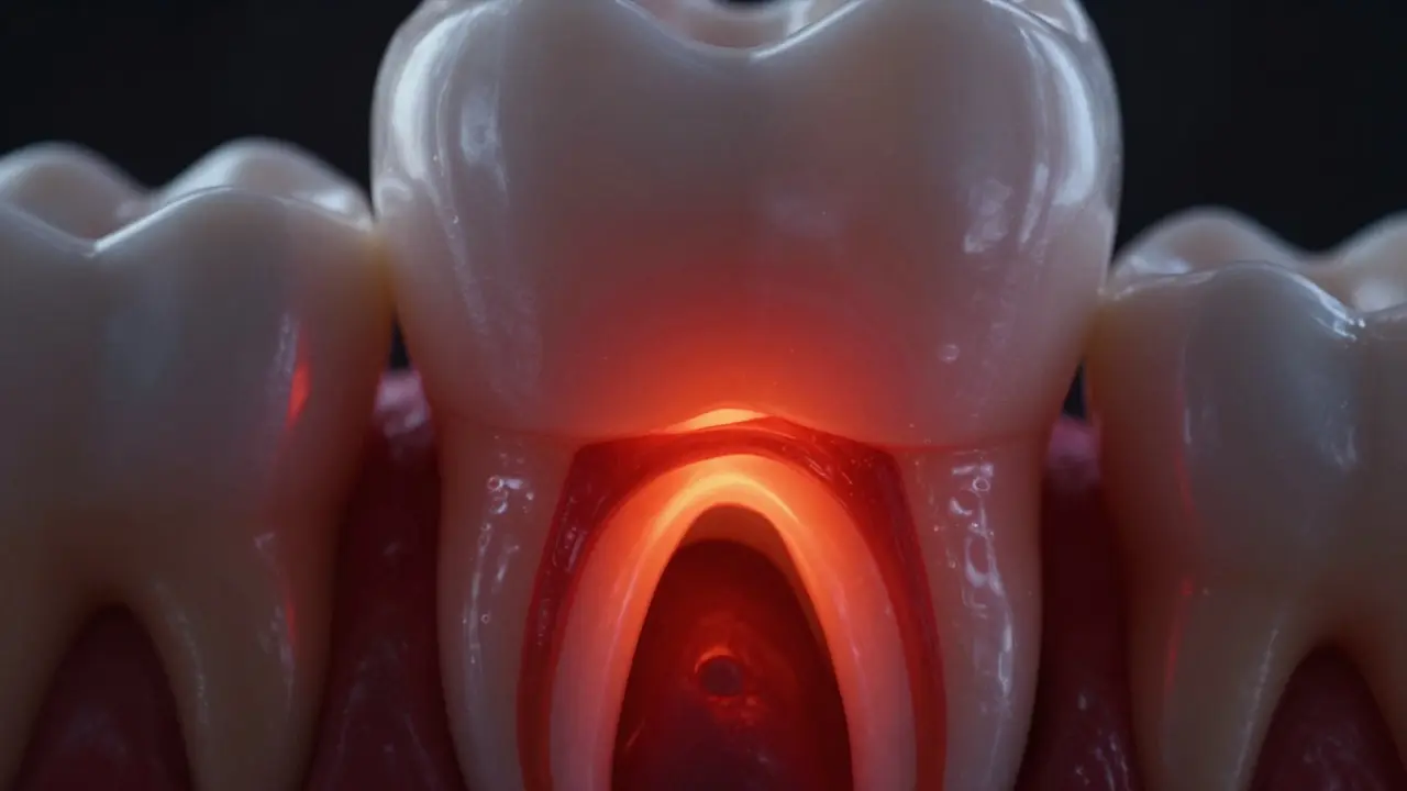 Konceptuální zobrazení zánětu zubního nervu s červeným žárem v pulpě.