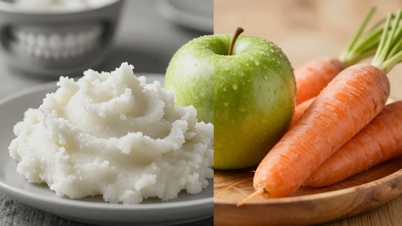 Kontrast mezi měkkým jídlem a křupavým jablkem a mrkví.