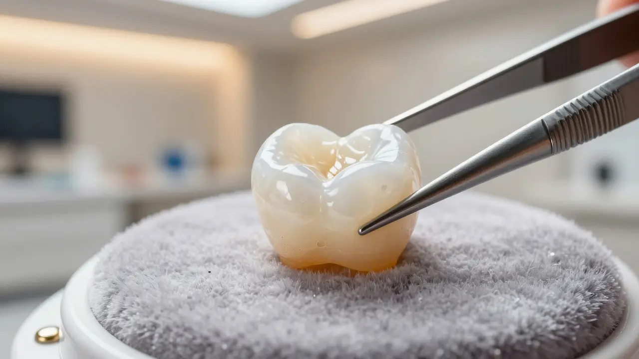 Křemenná keramická korunka z zirkonoxidu s přirozeným vzhledem.