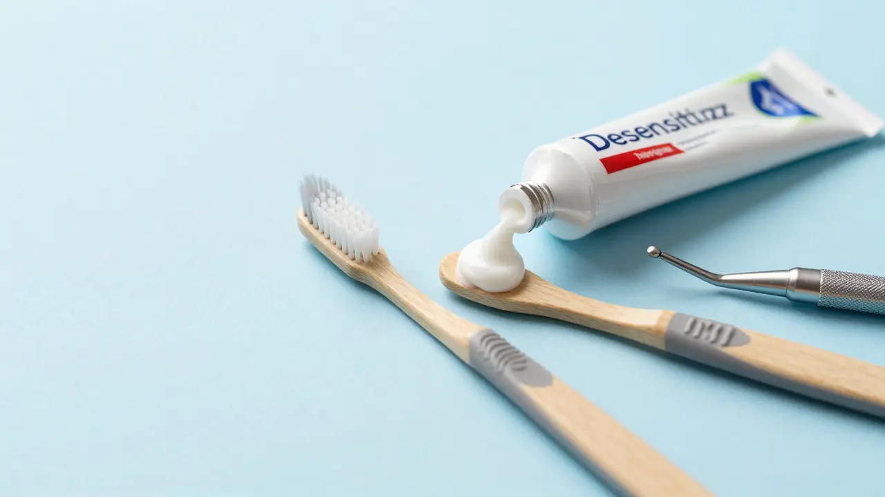 Měkký zubní kartáček a desenzitizační pasta jako pomůcky pro péči o citlivé zuby.