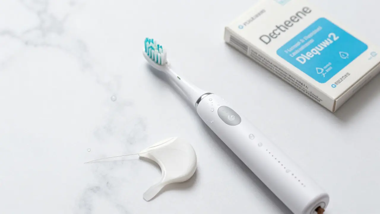 Moderní sonický kartáček, zubní nit a bělicí pásky na mramorovém povrchu.