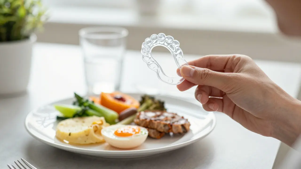 Průhledná alignerova náplasti vedle zdravého, barevného jídla.