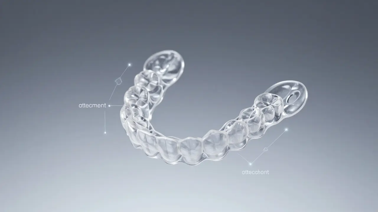 Průhledná snímací rovnátko s vizuální reprezentací plánovaného pohybu zubů.