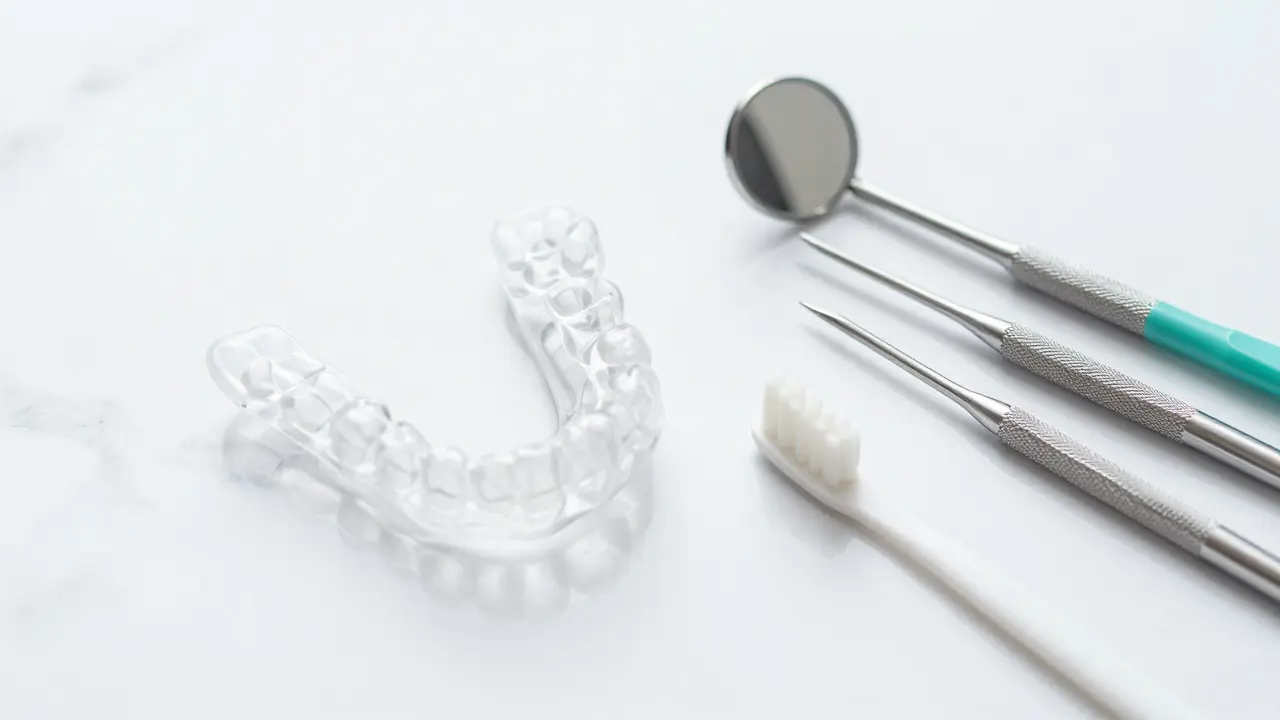 Sada moderních pomůcek pro dentální hygienu a korekci zubů.