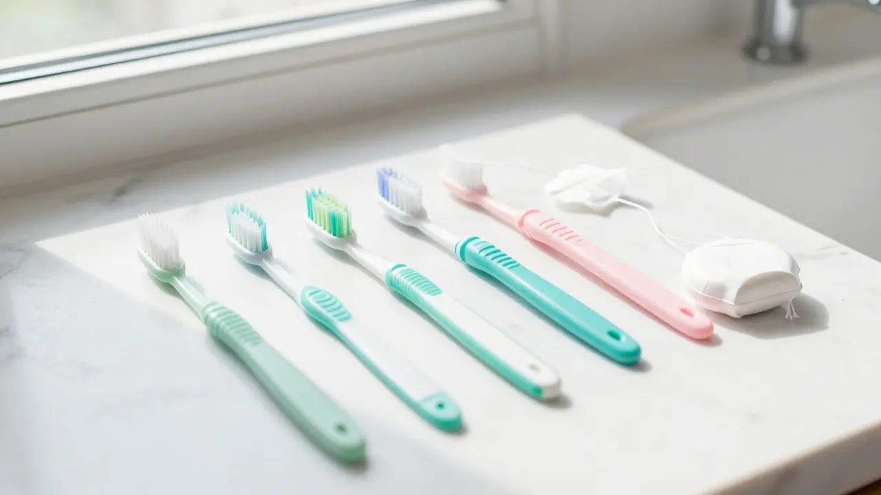 Sada pomůcek pro domácí hygienu: měkký kartáček a mezizubní kartáčky.