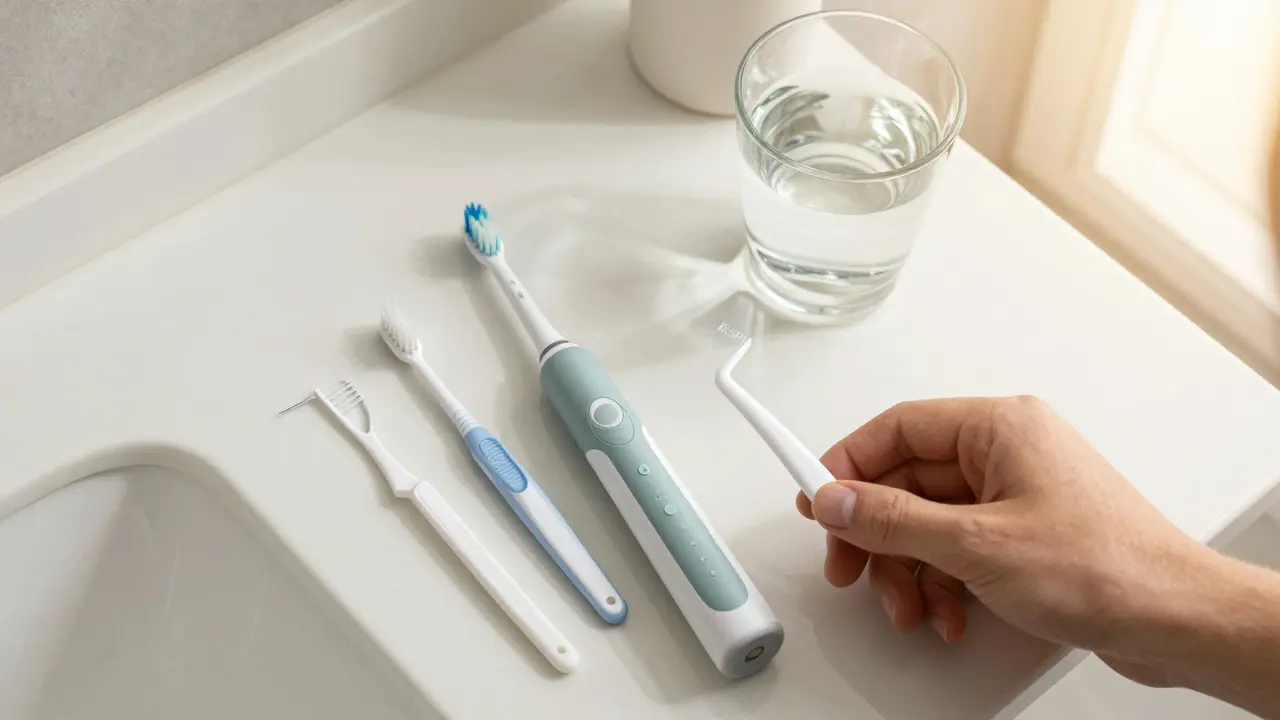 Sada pomůcek pro hygienu zubů s rovnátky: elektrický kartáček a mezizubní kartáčky.