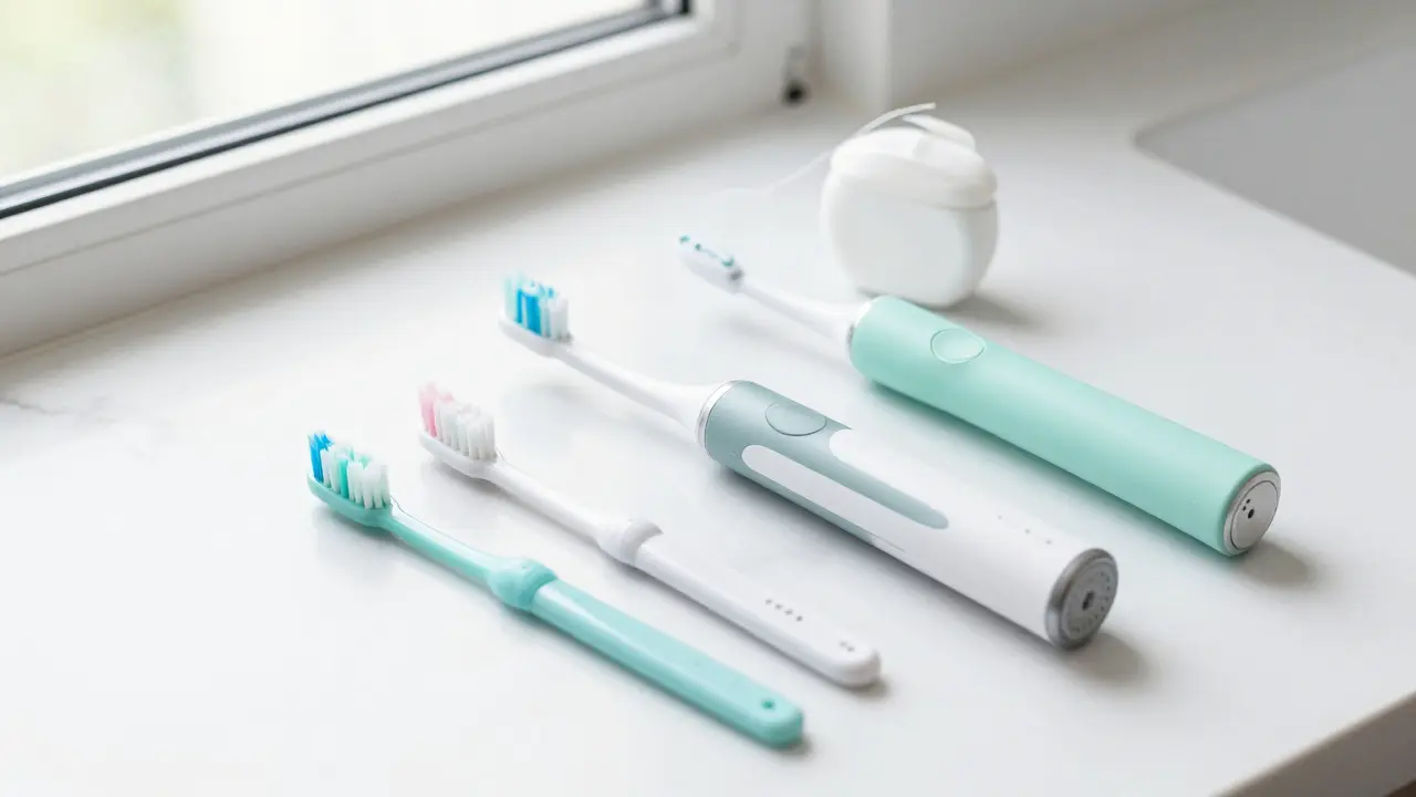 Sada pomůcek pro prevenci: elektrický kartáček, mezizubní kartáčky a nit