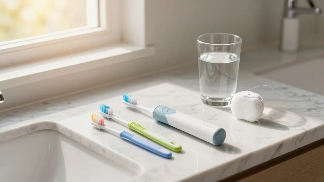 Sada pro domácí péči o zuby: sonický kartáč, mezizubní kartáčky a nit v koupelně.