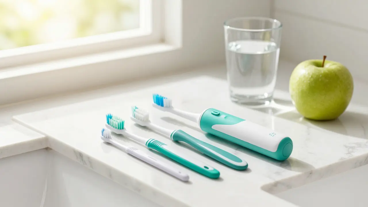 Sada pro domácí prevenci: sonický kartáček a mezizubní kartáčky na mramorové desce.