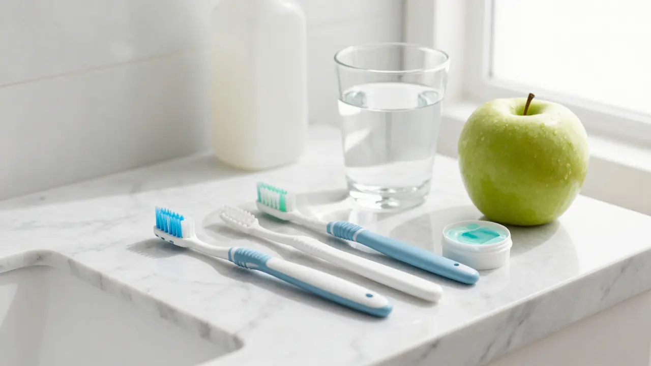 Sada pro hygienu s mezizubními kartáčky a ortodontickým voskem na mramorovém povrchu.