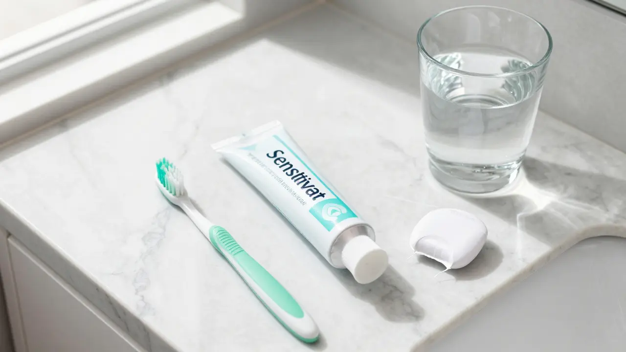 Sada pro péči o zuby: měkký kartáček, pasta pro citlivé zuby a nit.