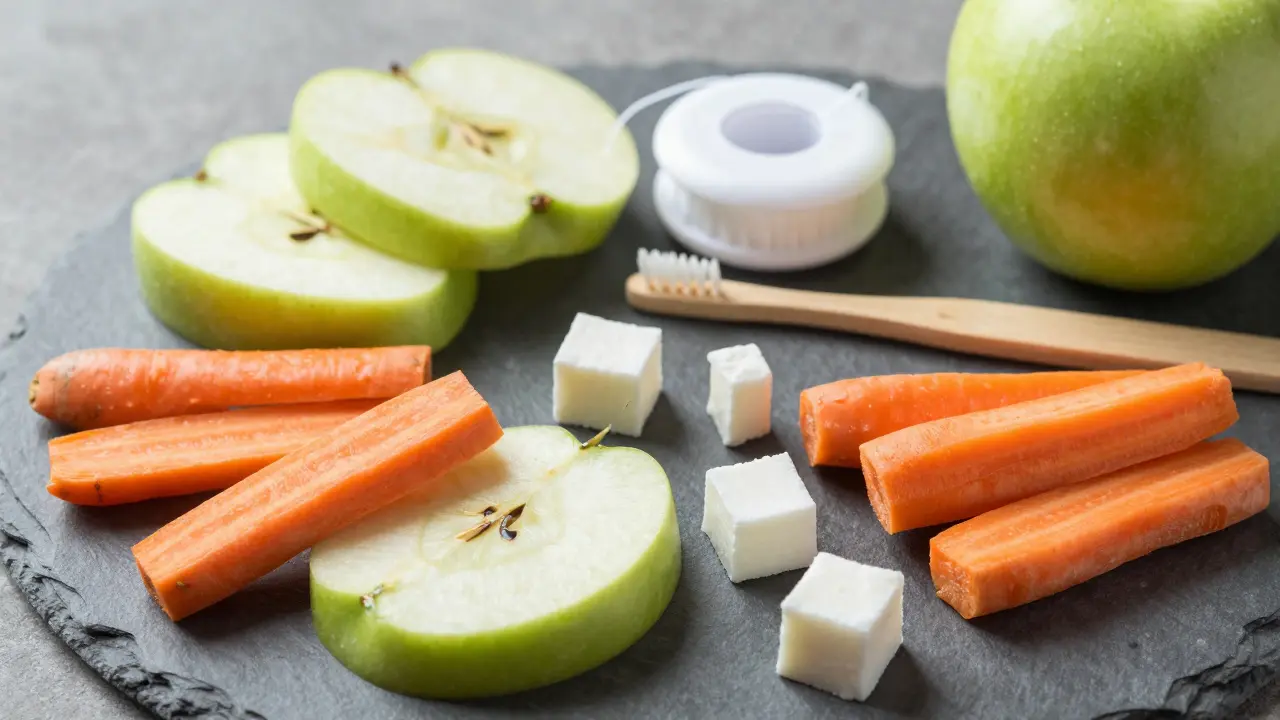 Skladba jablek, mrkve, sýra a mezizubních pomůcek pro zdravé zuby.