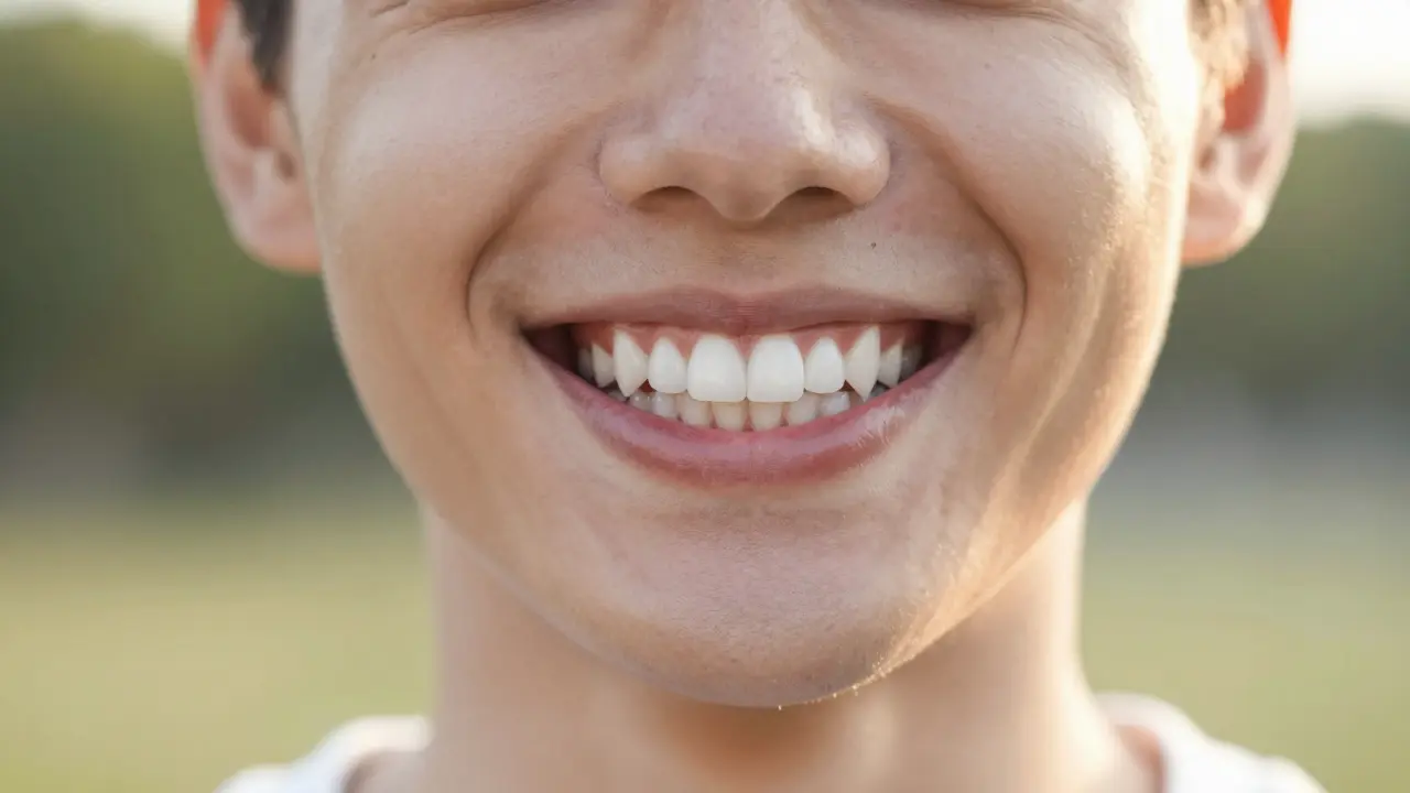 Úsměv člověka s perfektně rovnými a bílými zuby po léčbě.
