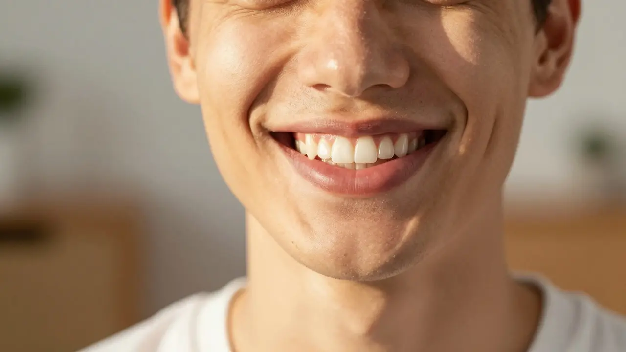 Úsměv mladá osoba se zdravými bílými zuby v teplém světle.