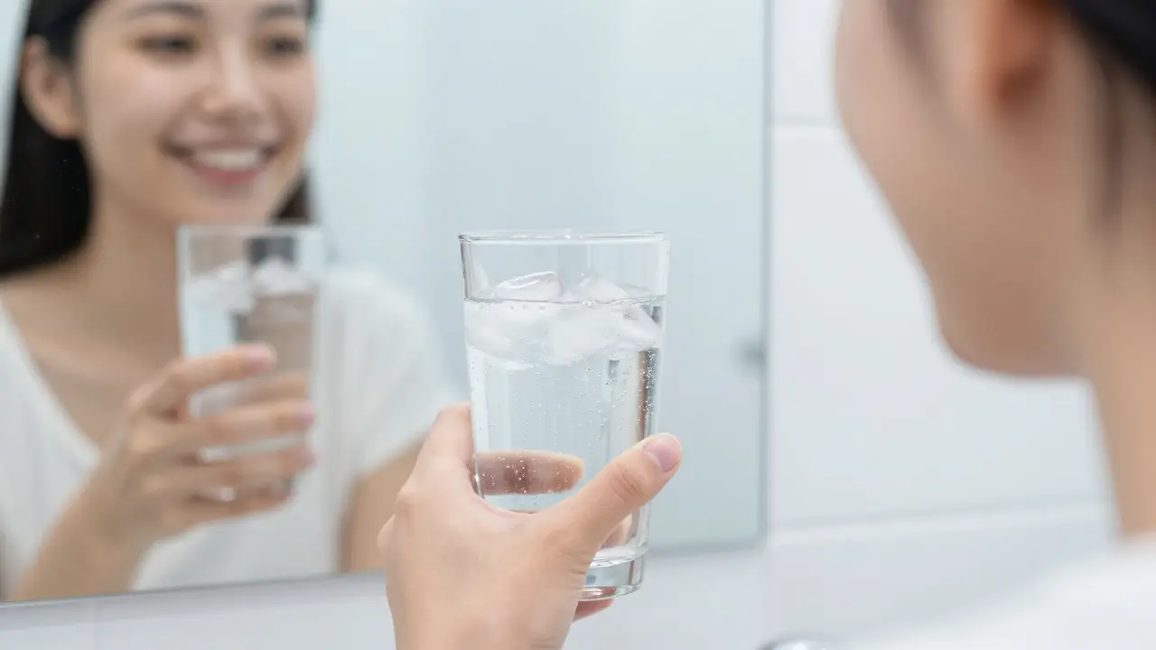 Úsměv s bílými zuby v zrcadle vedle sklenice studené vody.